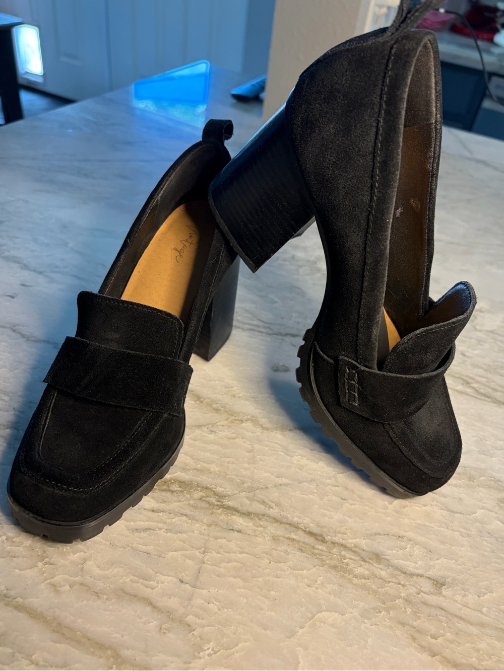 Crown Vintage Black Suede Block Heel Loafers